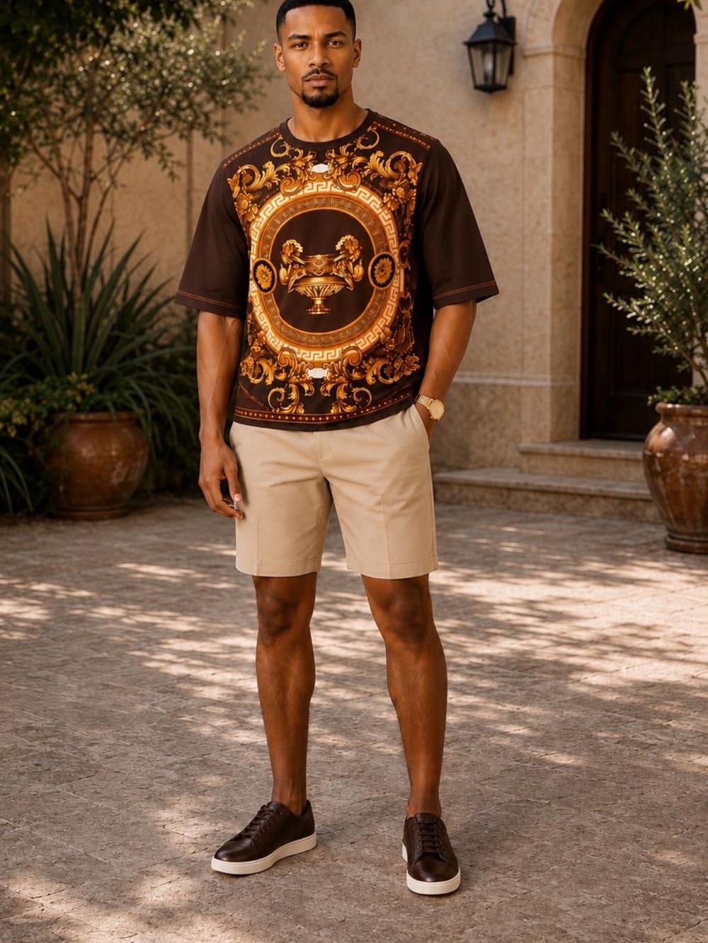 Men's Brown & Gold Baroque Print Dress Shirt